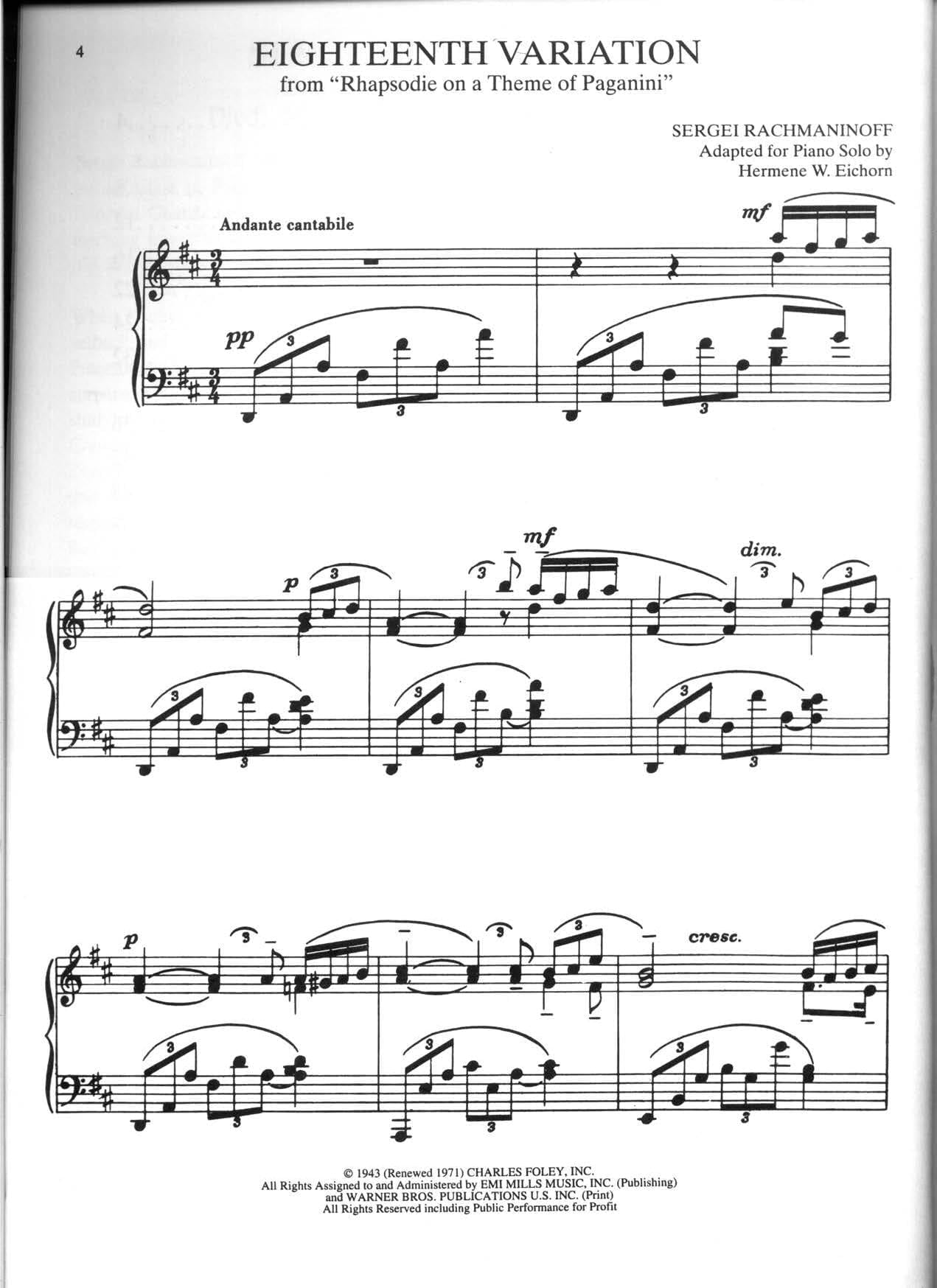 Rachmaninoff - Rhapsody On A Theme Of Paganini Variation 18 Solo Piano ...