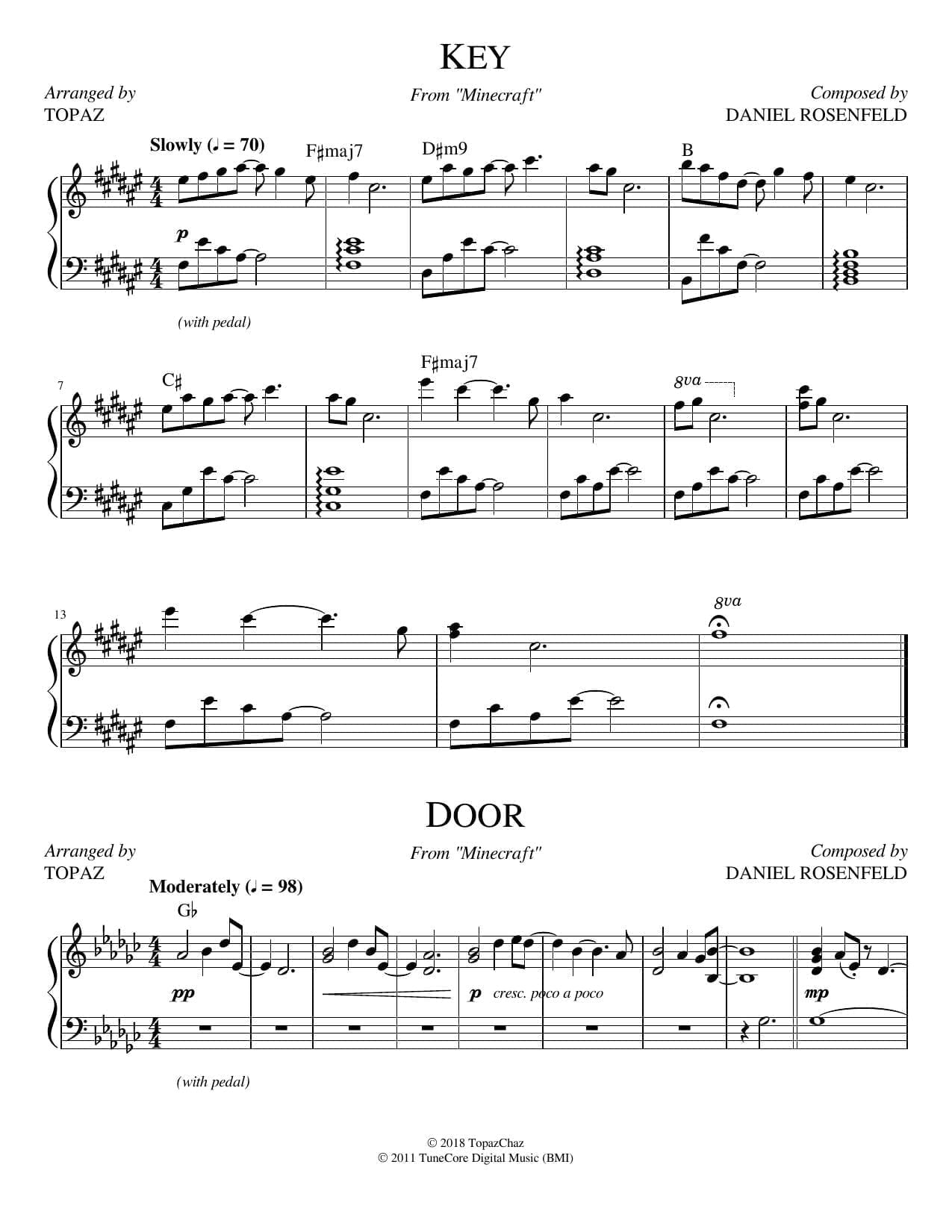 Minecraft Calm 1,2,3 Piano Solo (Minecraft, Sweden, Clark) sheet music, Noten, partitura 楽譜 free sheet music download pdf