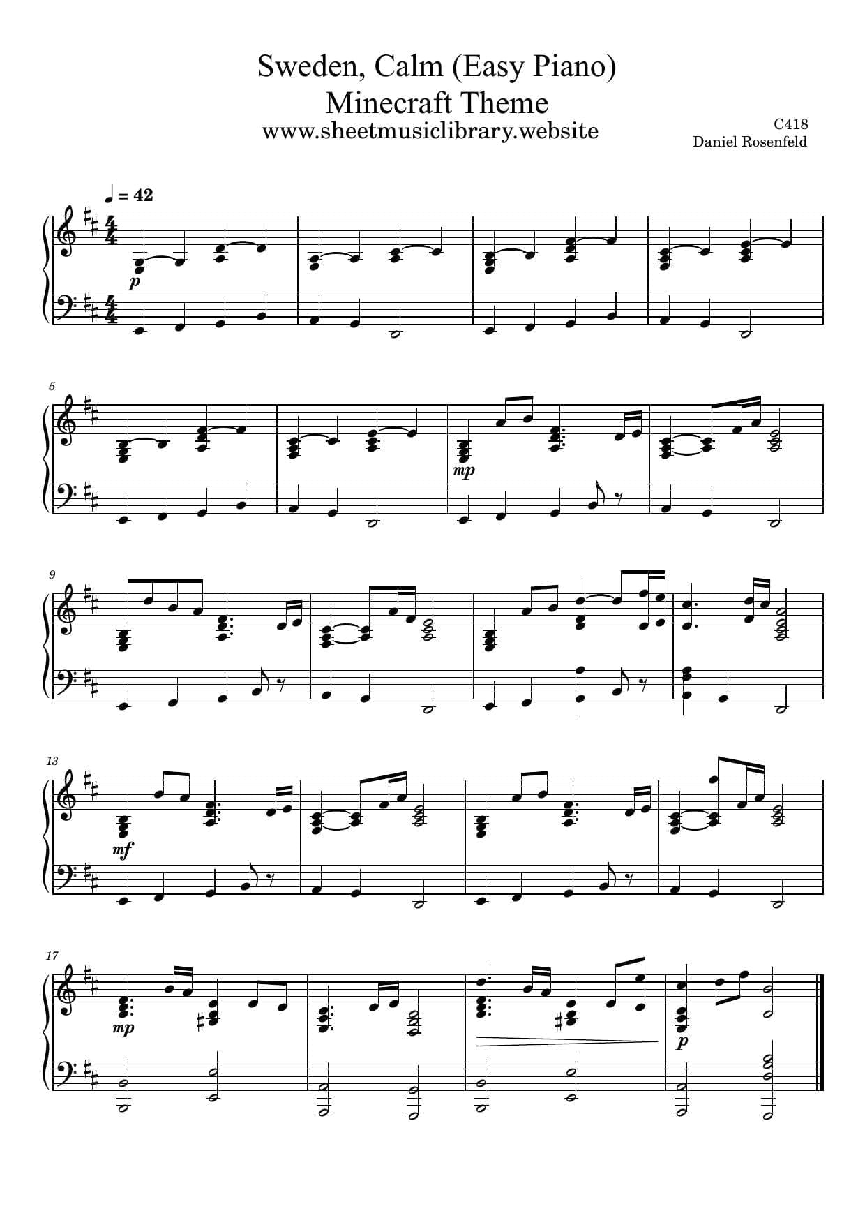 Minecraft Calm 1,2,3 Piano Solo (Minecraft, Sweden, Clark) sheet music, Noten, partitura 楽譜 free scores download