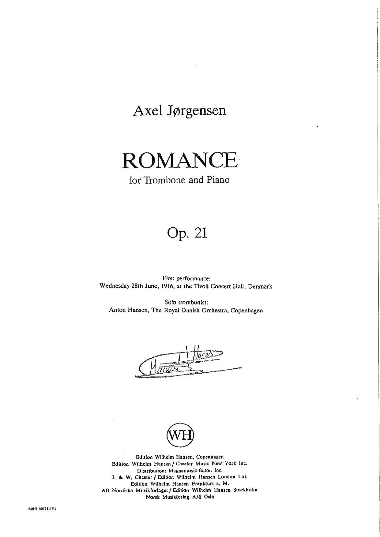 Axel Jorgensen ROMANCE for Trombone and Piano Op. 21 (New scores)